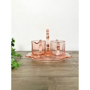Vintage Cambridge Pink Depression Glass Cream and Sugar Set with Caddy